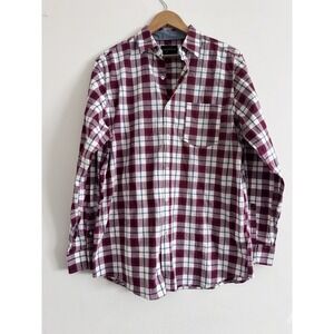 Men's Red Plaid Button Dress Casual Business Clean Cute Preppy Medium Collared